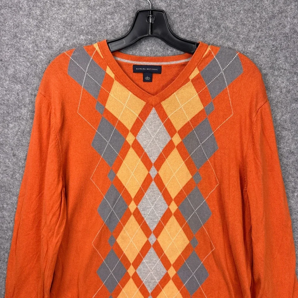 Banana Republic Sweater Argyle V-Neck Large Orange Silk Cotton Cashmere Knit